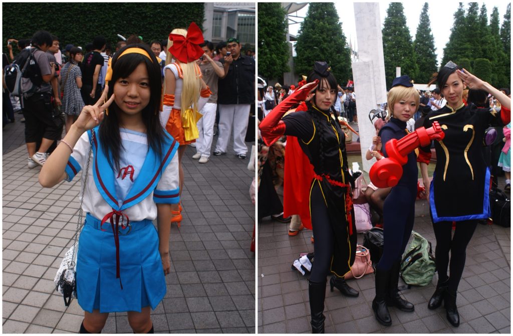 One female cosplayer dressed up as Haruhi Suzumiya and a group of three female cosplayers