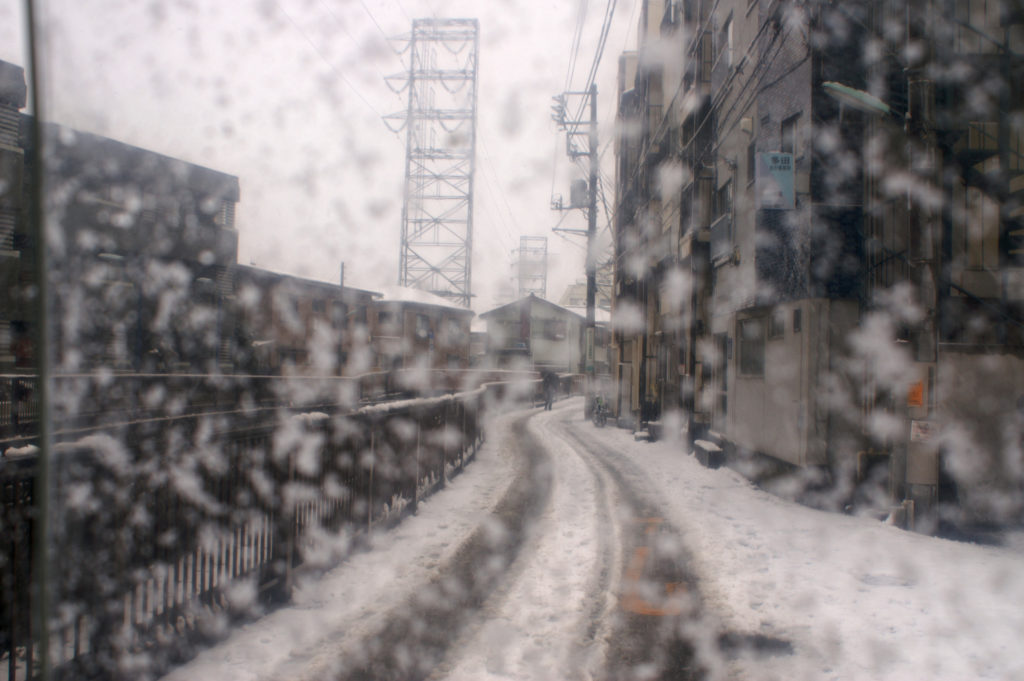 Clear umbrella with snow flakes